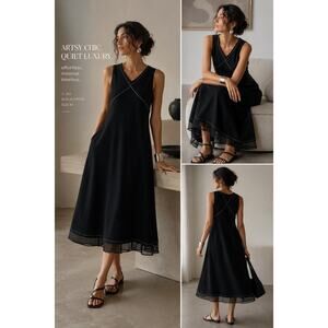 J. Jill Black Sleeveless Midi Dress Mesh Trim Contrast Stitch A-Line Minimalist